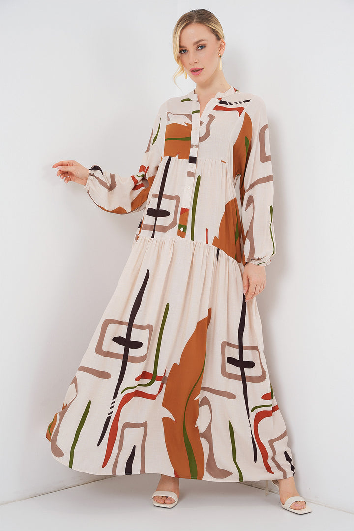 BGD Women Woman Patterned Long Hijab Dress 2585 - BEIGE - Wuppertal