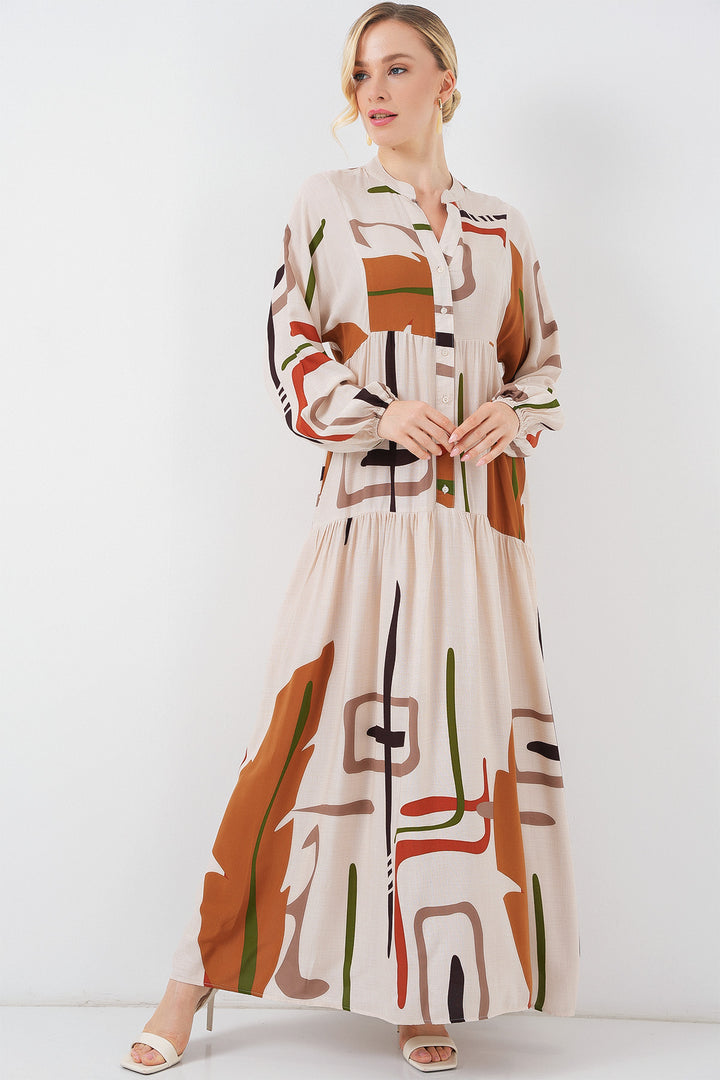 BGD Women Woman Patterned Long Hijab Dress 2585 - BEIGE - Wuppertal