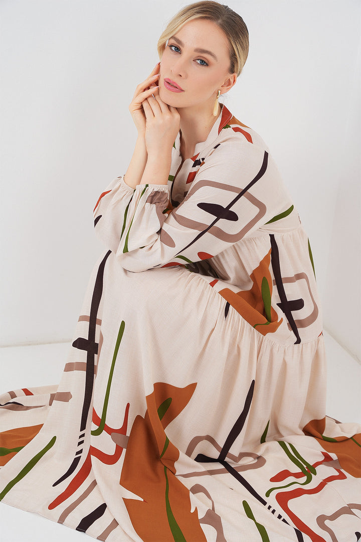 BGD Women Woman Patterned Long Hijab Dress 2585 - BEIGE - Wuppertal