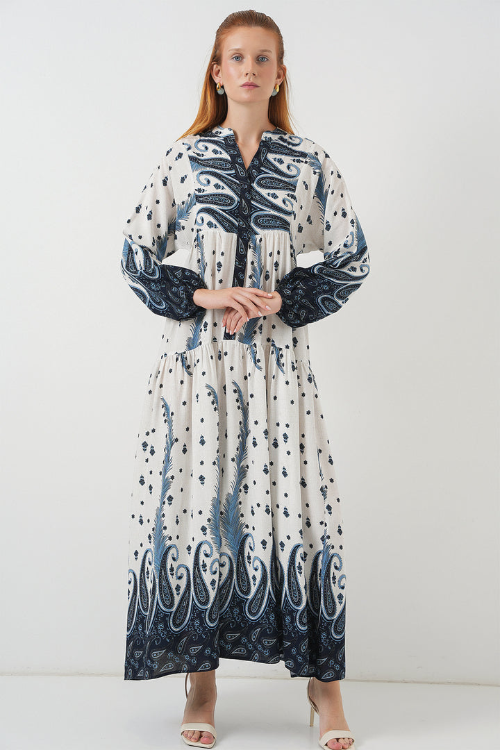 BGD Women Woman Patterned Long Hijab Dress 2585 - Navy Blue - Horlivka