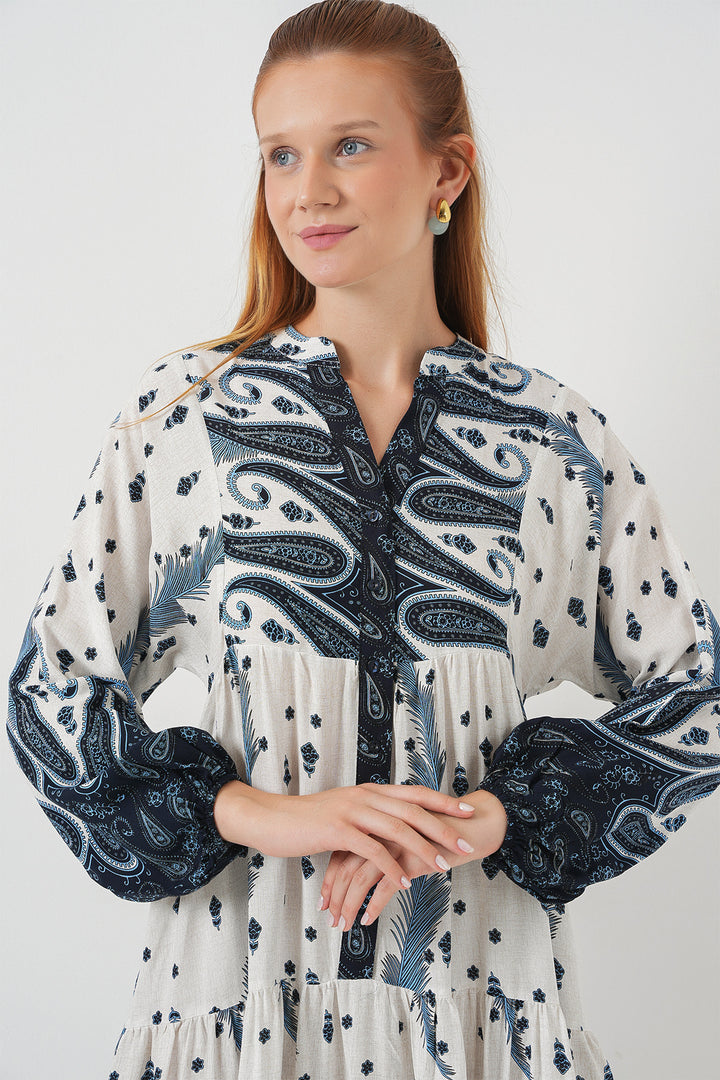 BGD Women Woman Patterned Long Hijab Dress 2585 - Navy Blue - Horlivka