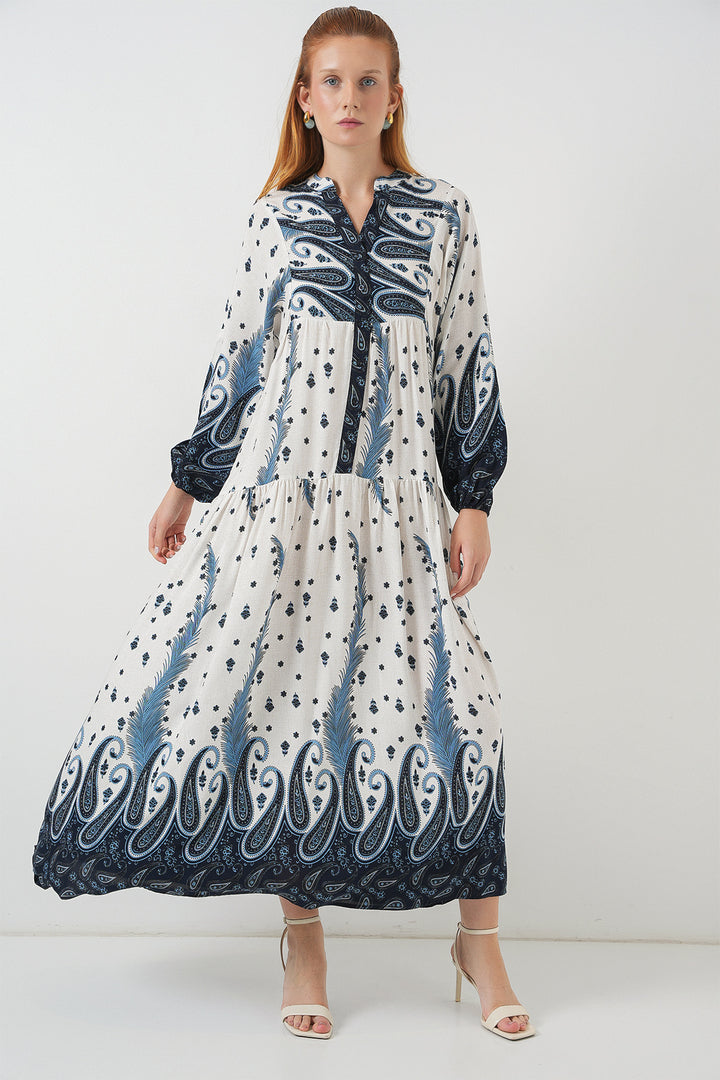 BGD Women Woman Patterned Long Hijab Dress 2585 - Navy Blue - Horlivka