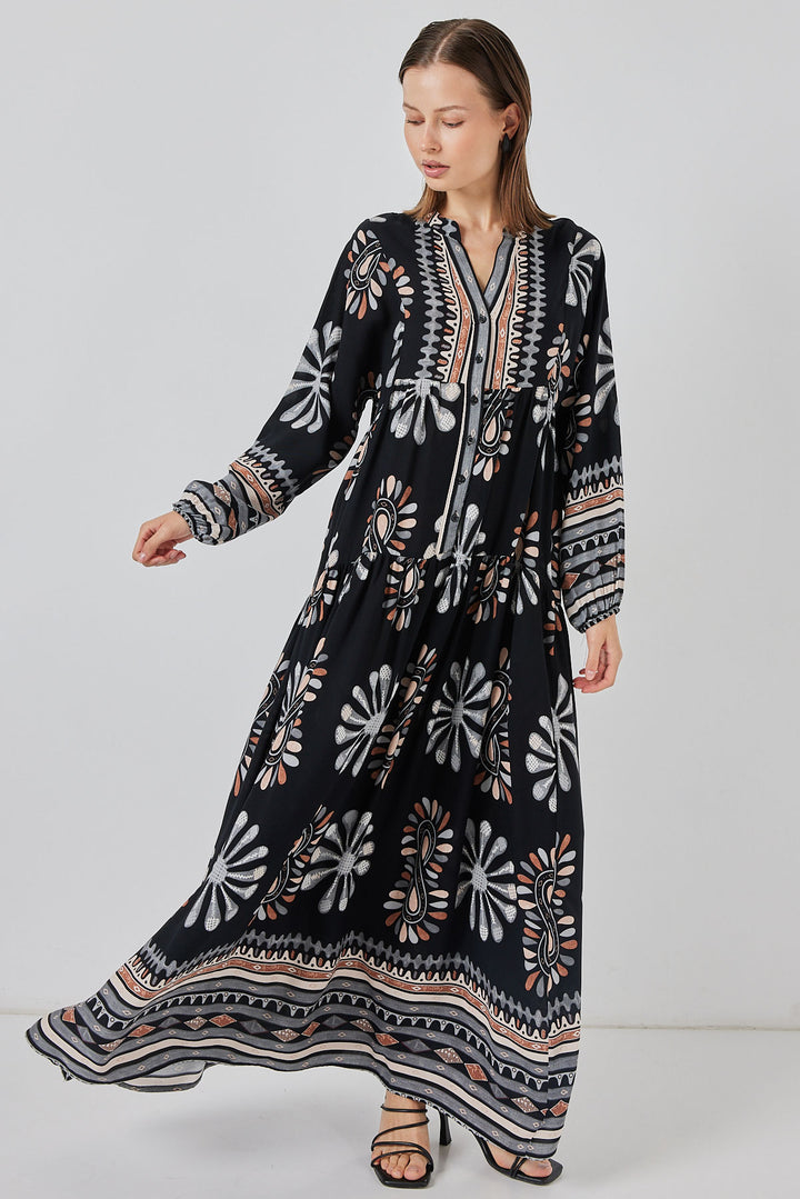BGD Women Woman Patterned Long Hijab Dress 2585 - Black - Castrop-Rauxel