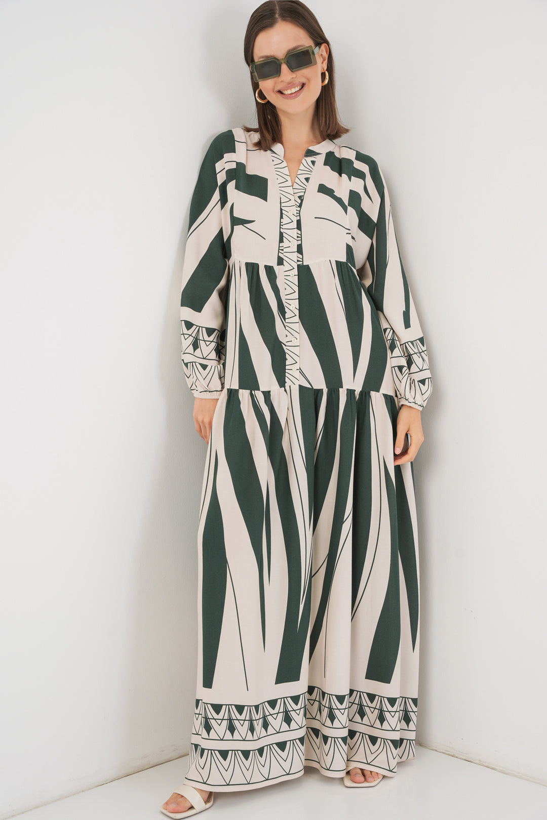 BGD Women Woman Patterned Long Hijab Dress 2585 - A. Emerald Green - Pittsburg