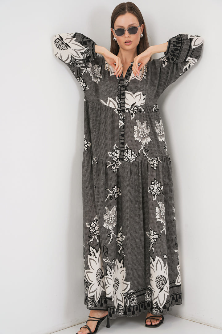 BGD Women Woman Patterned Long Hijab Dress 2585 - Anthracite - Shoreline