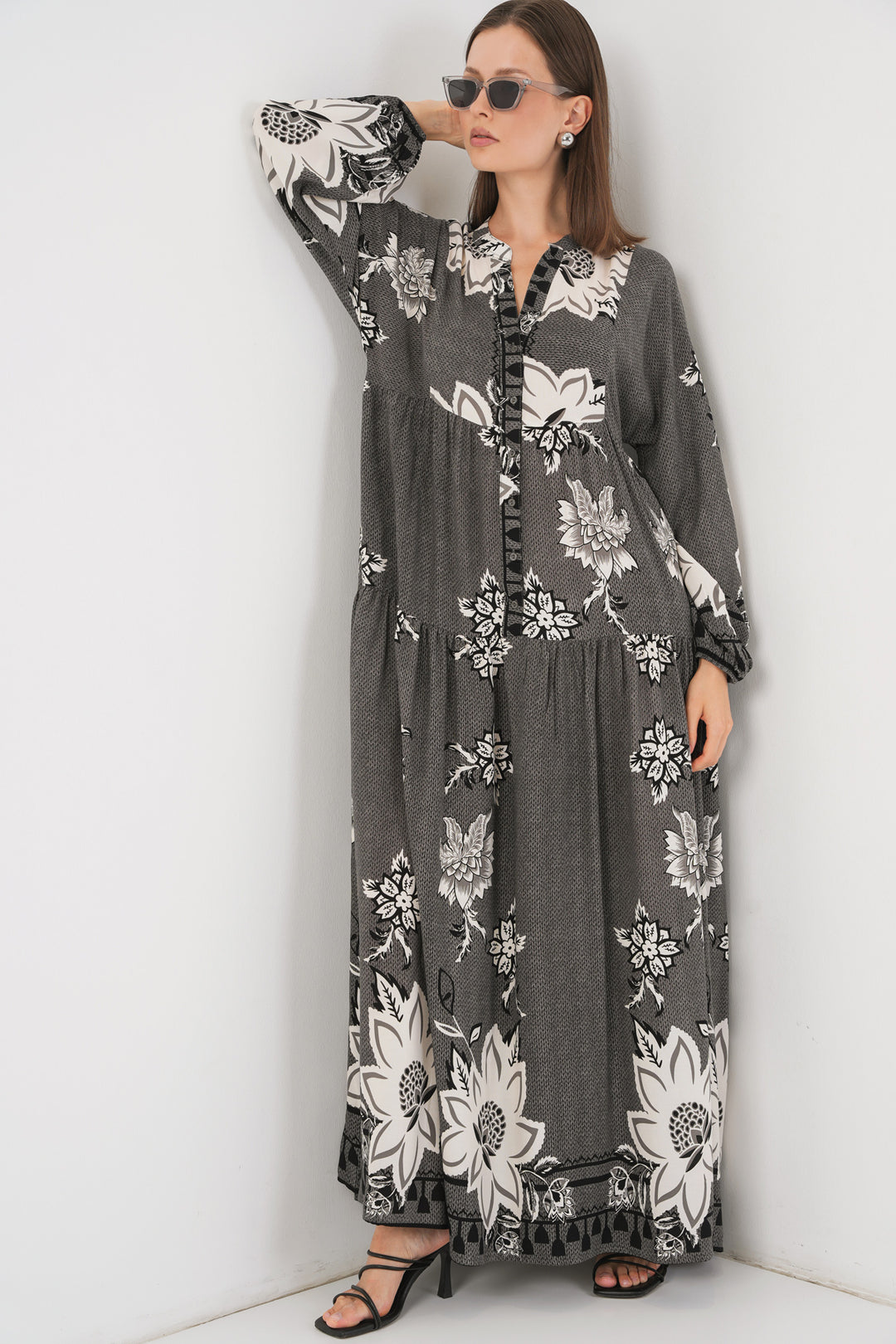 BGD Women Woman Patterned Long Hijab Dress 2585 - Anthracite - Shoreline