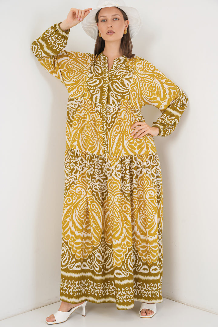 BGD Women Woman Patterned Long Hijab Dress 2585 - Mustard - Campi Bisenzio