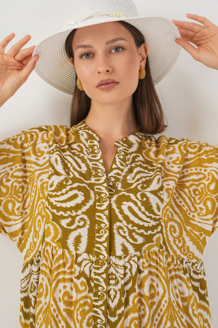 BGD Women Woman Patterned Long Hijab Dress 2585 - Mustard - Campi Bisenzio