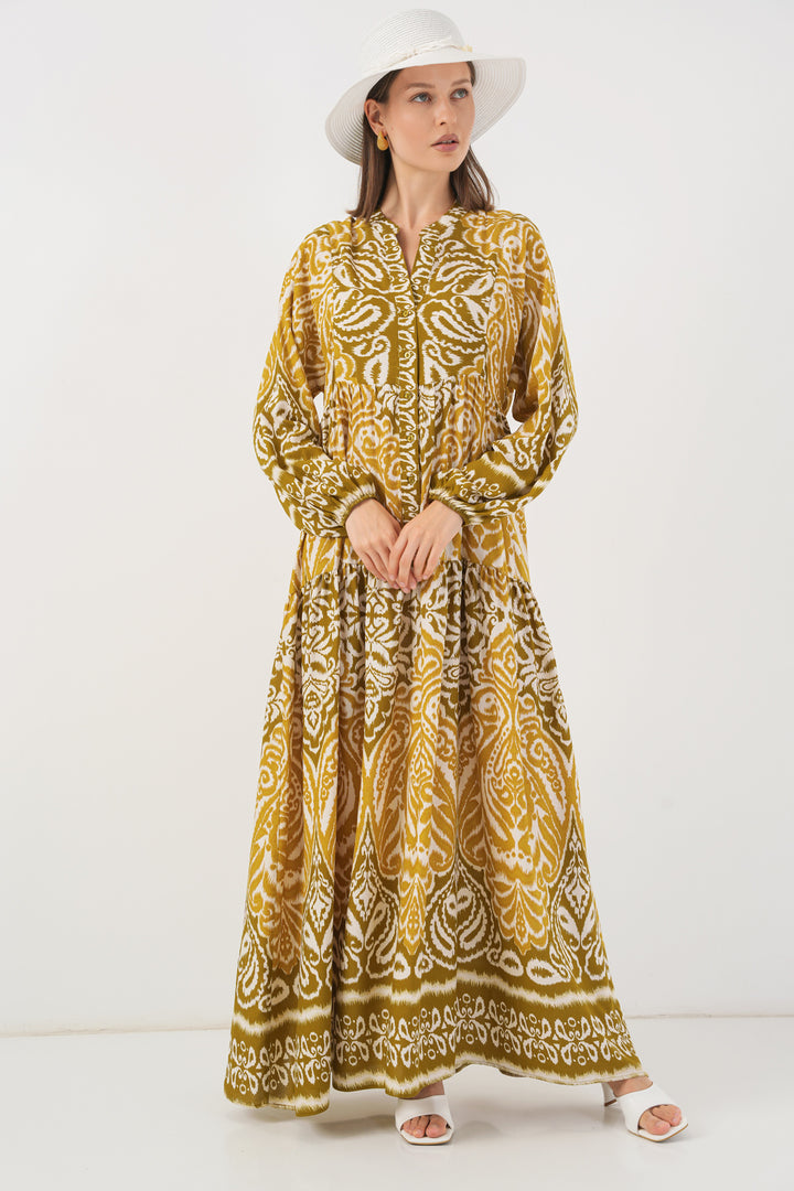 BGD Women Woman Patterned Long Hijab Dress 2585 - Mustard - Campi Bisenzio