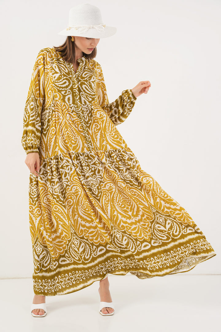 BGD Women Woman Patterned Long Hijab Dress 2585 - Mustard - Campi Bisenzio