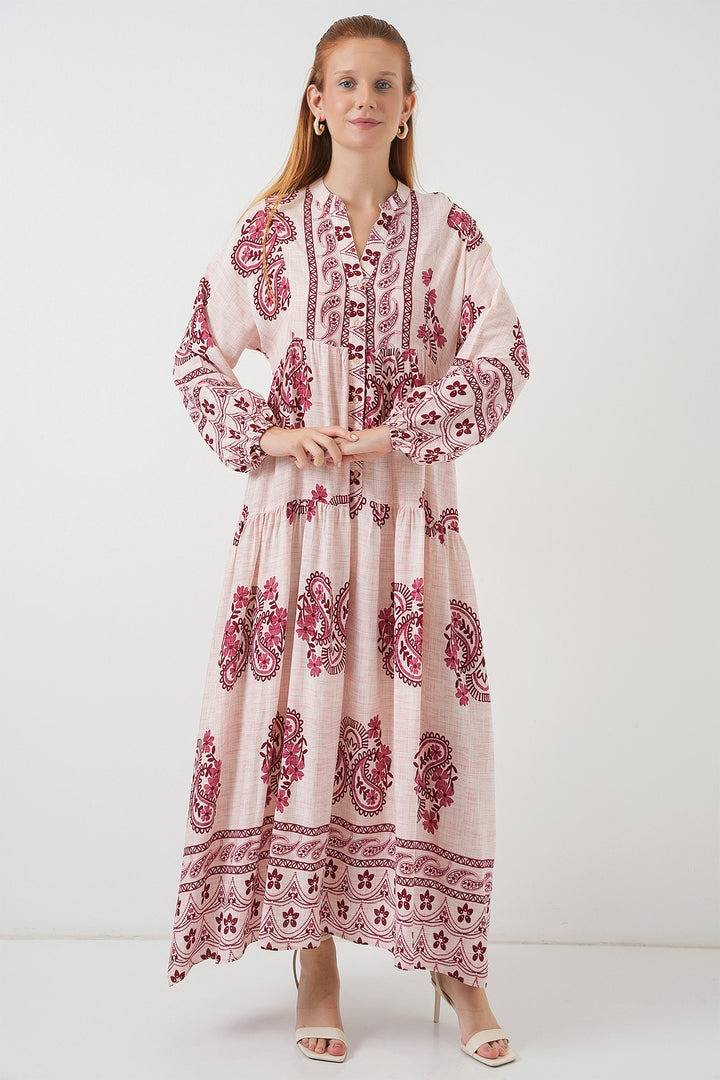BGD Women Woman Patterned Long Hijab Dress 2585 - Burgundy - Williamsburg