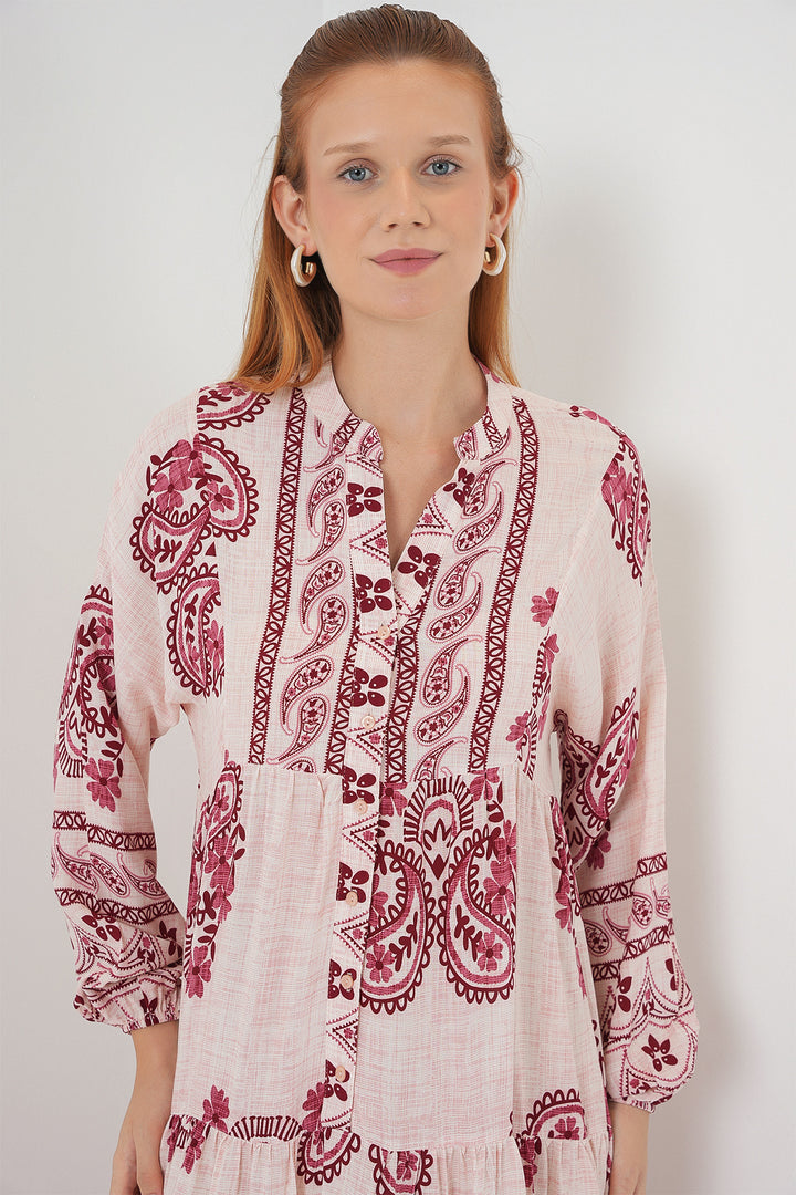 BGD Women Woman Patterned Long Hijab Dress 2585 - Burgundy - Williamsburg