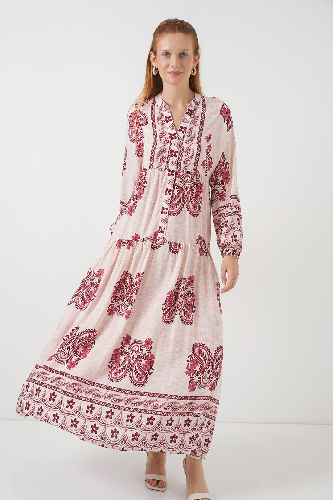 BGD Women Woman Patterned Long Hijab Dress 2585 - Burgundy - Williamsburg