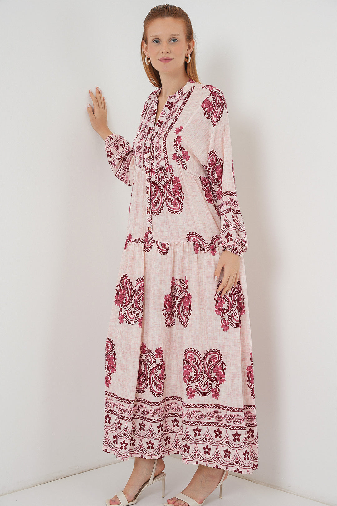 BGD Women Woman Patterned Long Hijab Dress 2585 - Burgundy - Williamsburg