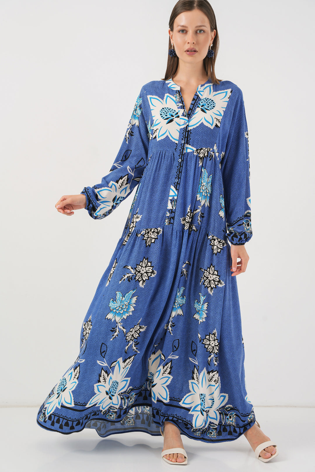 BGD Women Woman Patterned Long Hijab Dress 2585 - Navy Blue - Farmers Branch