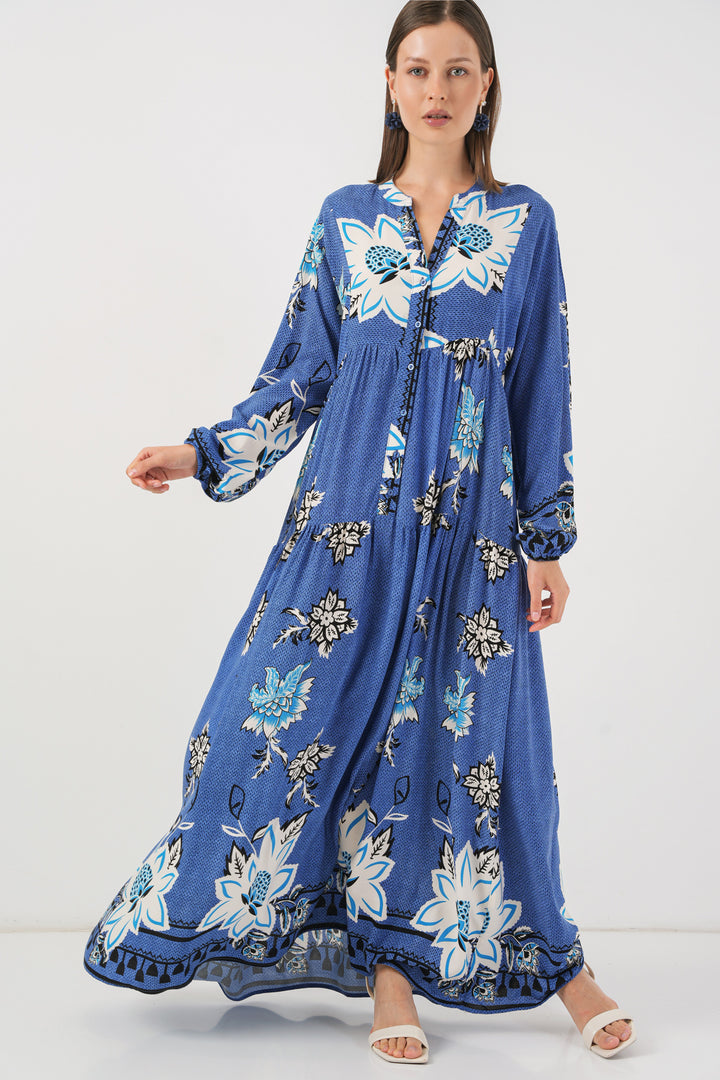 BGD Women Woman Patterned Long Hijab Dress 2585 - Navy Blue - Farmers Branch