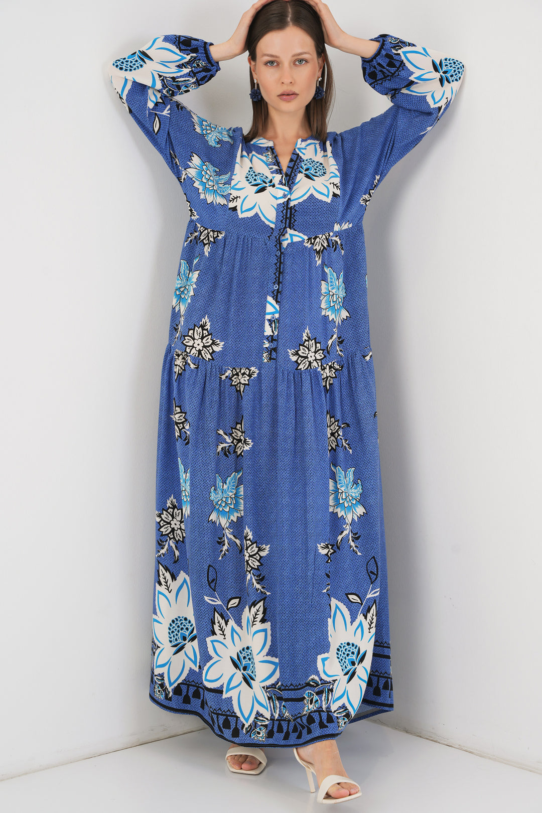 BGD Women Woman Patterned Long Hijab Dress 2585 - Navy Blue - Farmers Branch