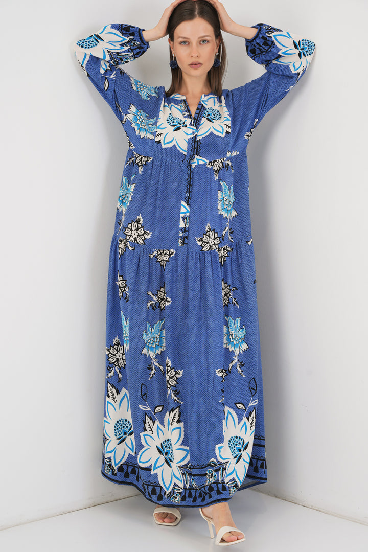 BGD Women Woman Patterned Long Hijab Dress 2585 - Navy Blue - Farmers Branch
