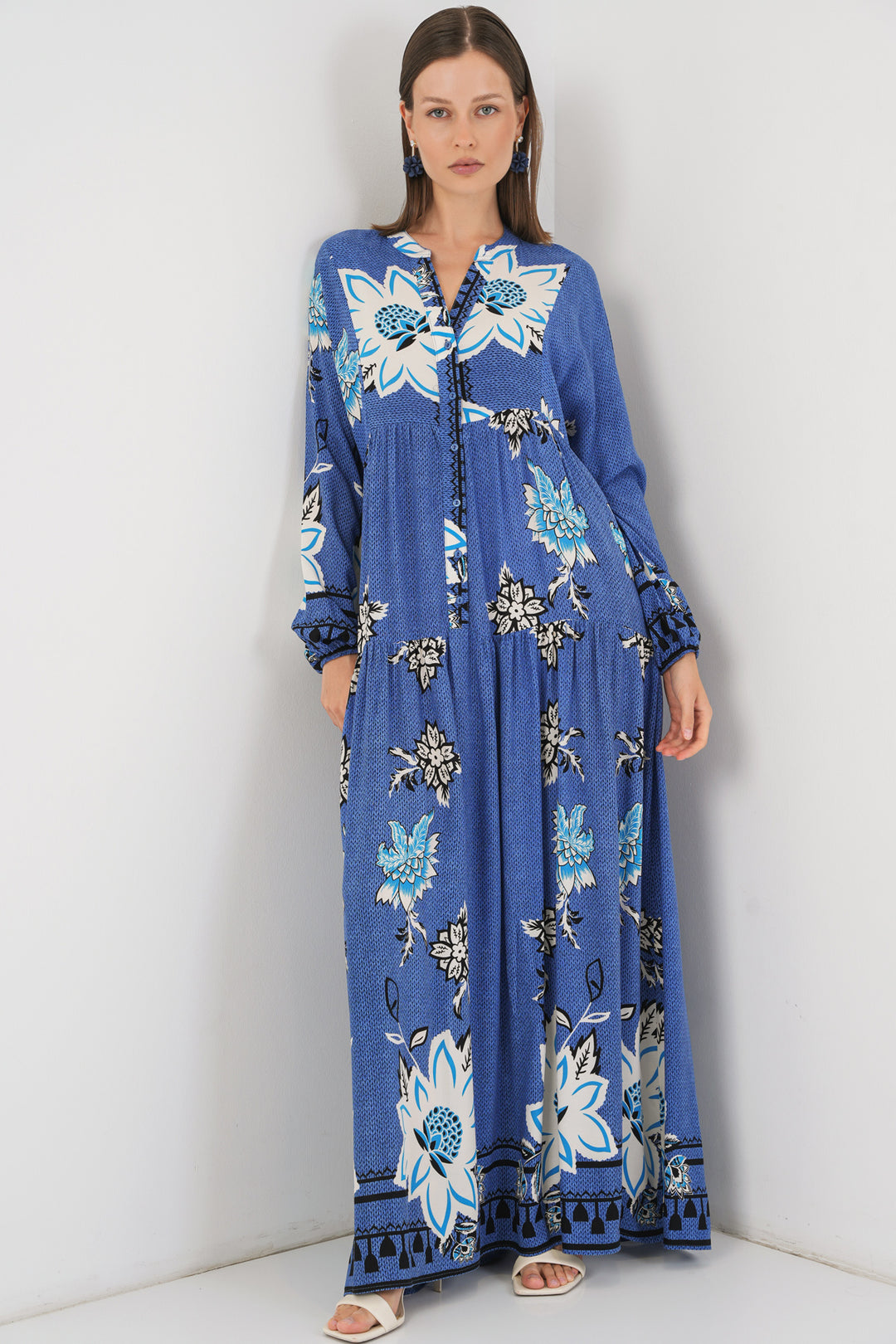 BGD Women Woman Patterned Long Hijab Dress 2585 - Navy Blue - Farmers Branch