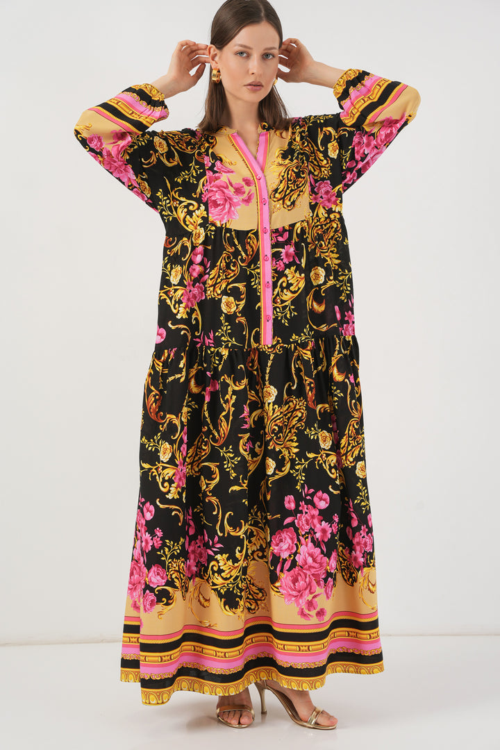 BGD Women Woman Patterned Long Hijab Dress 2585 - Light Yellow - Hoogeveen