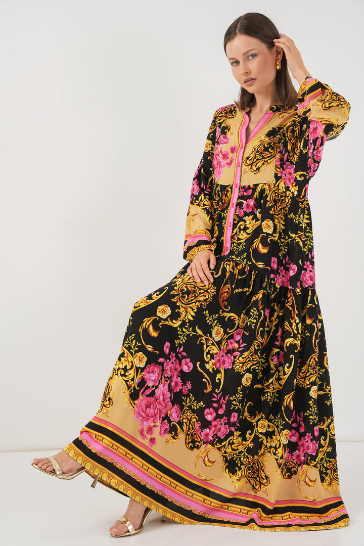 BGD Women Woman Patterned Long Hijab Dress 2585 - Light Yellow - Hoogeveen