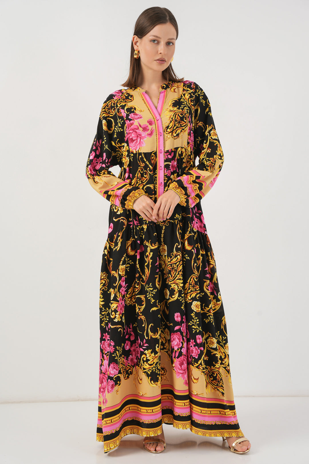 BGD Women Woman Patterned Long Hijab Dress 2585 - Light Yellow - Hoogeveen