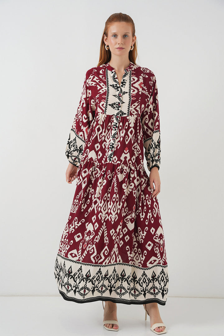 BGD Women Woman Patterned Long Hijab Dress 2585 - Burgundy - Andria
