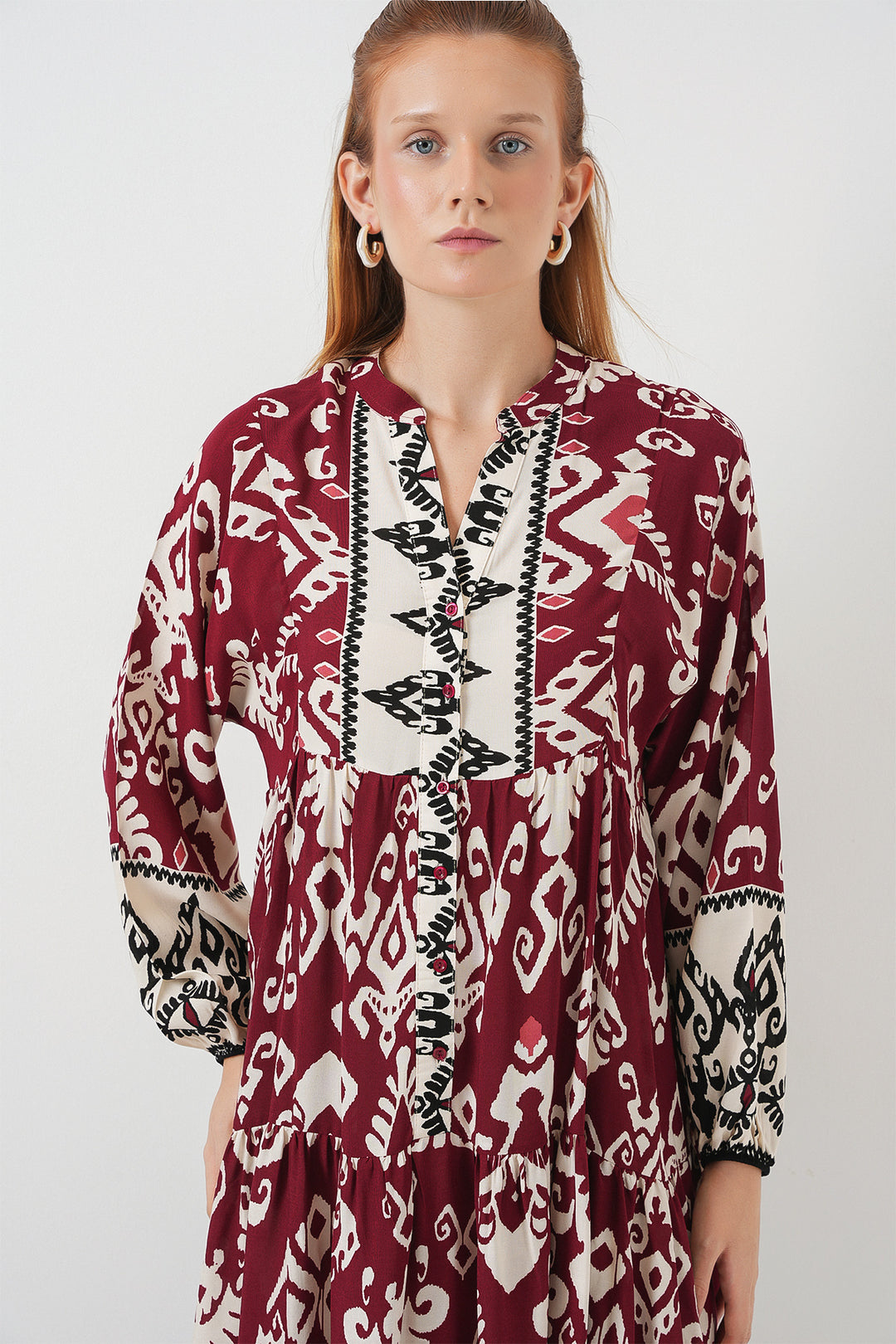 BGD Women Woman Patterned Long Hijab Dress 2585 - Burgundy - Andria