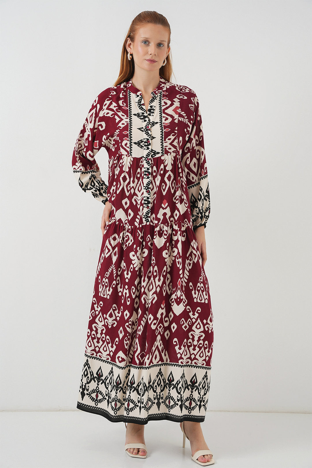BGD Women Woman Patterned Long Hijab Dress 2585 - Burgundy - Andria