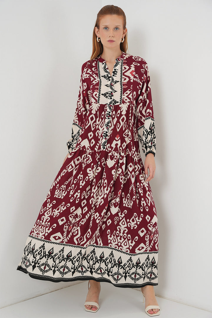 BGD Women Woman Patterned Long Hijab Dress 2585 - Burgundy - Andria