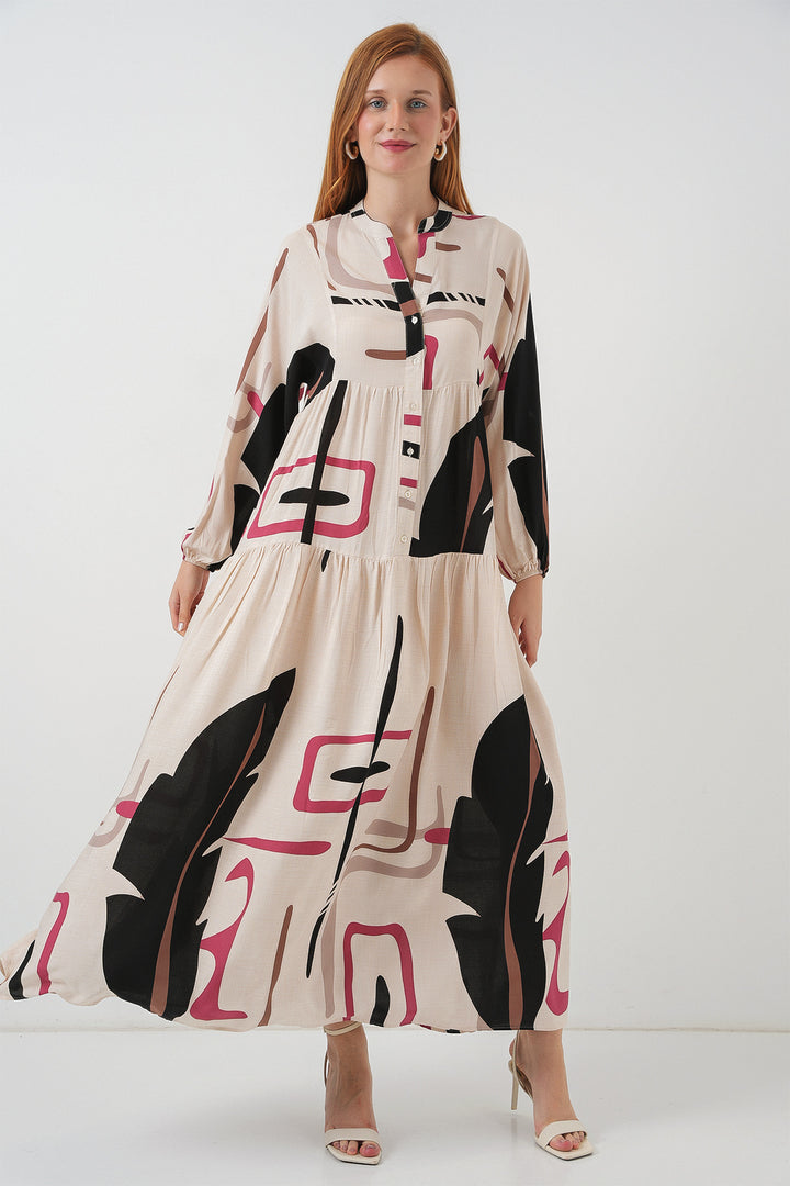 BGD Women Woman Patterned Long Hijab Dress 2585 - Cream - Rome