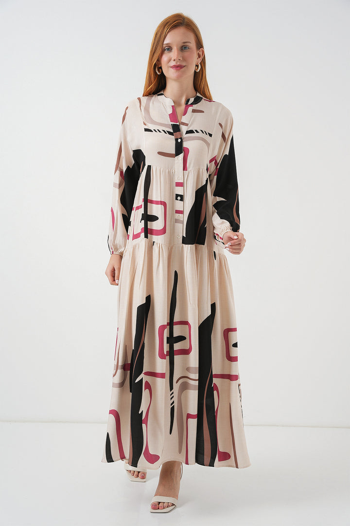 BGD Women Woman Patterned Long Hijab Dress 2585 - Cream - Rome