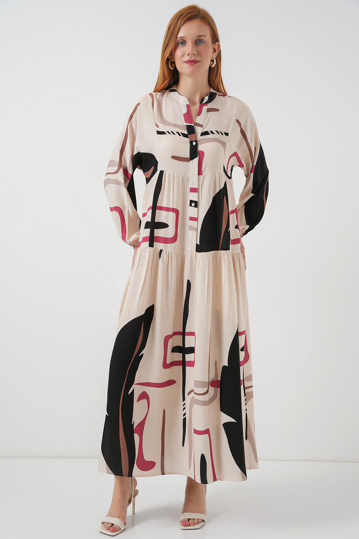BGD Women Woman Patterned Long Hijab Dress 2585 - Cream - Rome