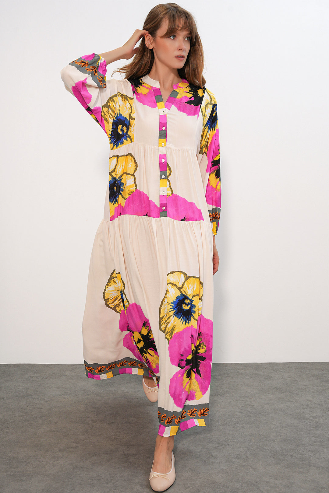 BGD Women Kadın Desenli Uzun Tesettür Elbise 2585 - C. Pembe - Orange