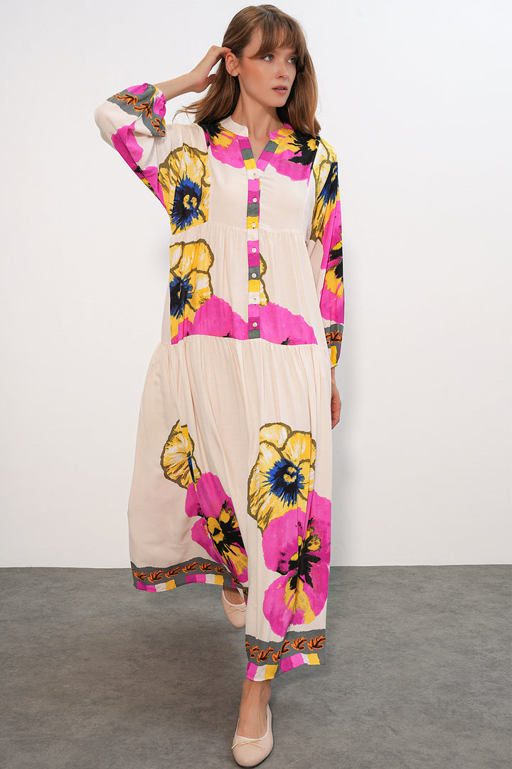 BGD Women Kadın Desenli Uzun Tesettür Elbise 2585 - C. Pembe - Orange