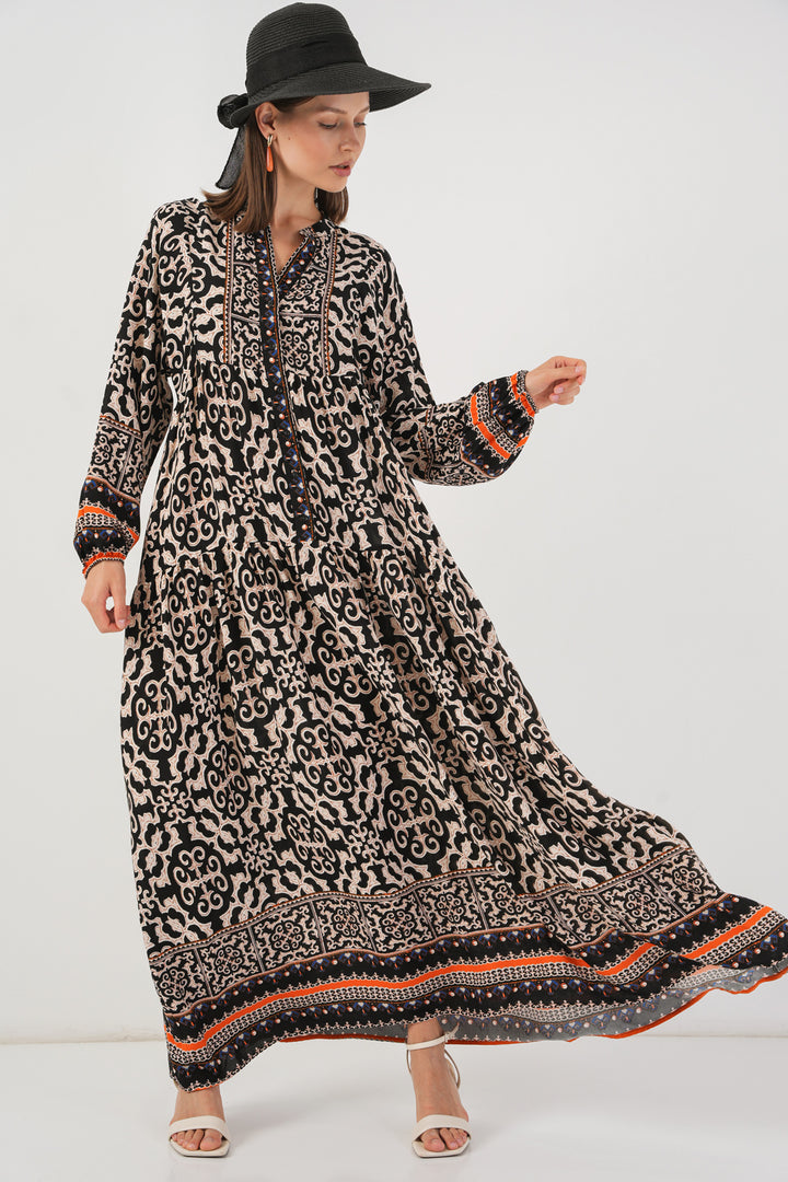 BGD Women Woman Patterned Long Hijab Dress 2585 - Charcoal Black - Castro Valley