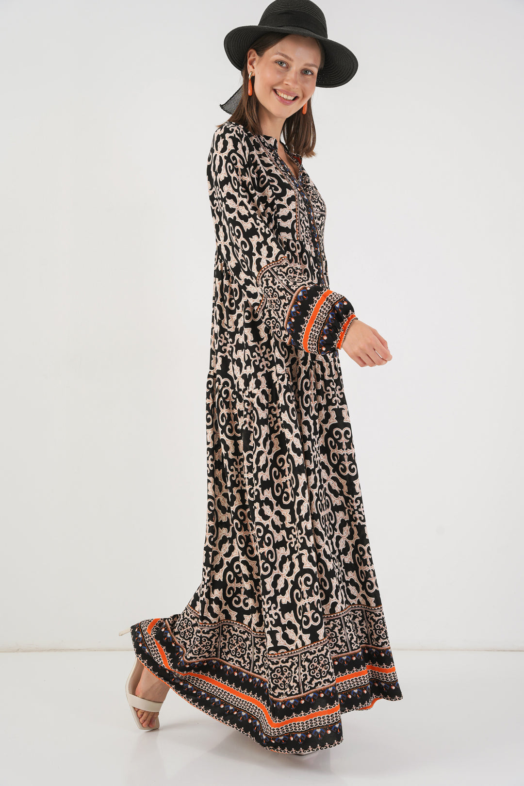 BGD Women Woman Patterned Long Hijab Dress 2585 - Charcoal Black - Castro Valley