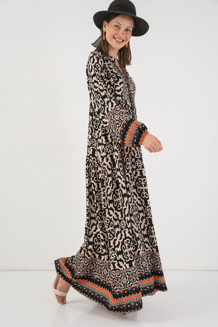 BGD Women Woman Patterned Long Hijab Dress 2585 - Charcoal Black - Castro Valley