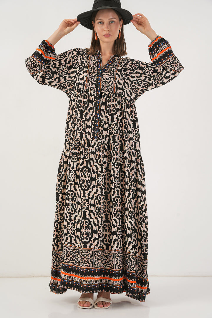 BGD Women Woman Patterned Long Hijab Dress 2585 - Charcoal Black - Castro Valley