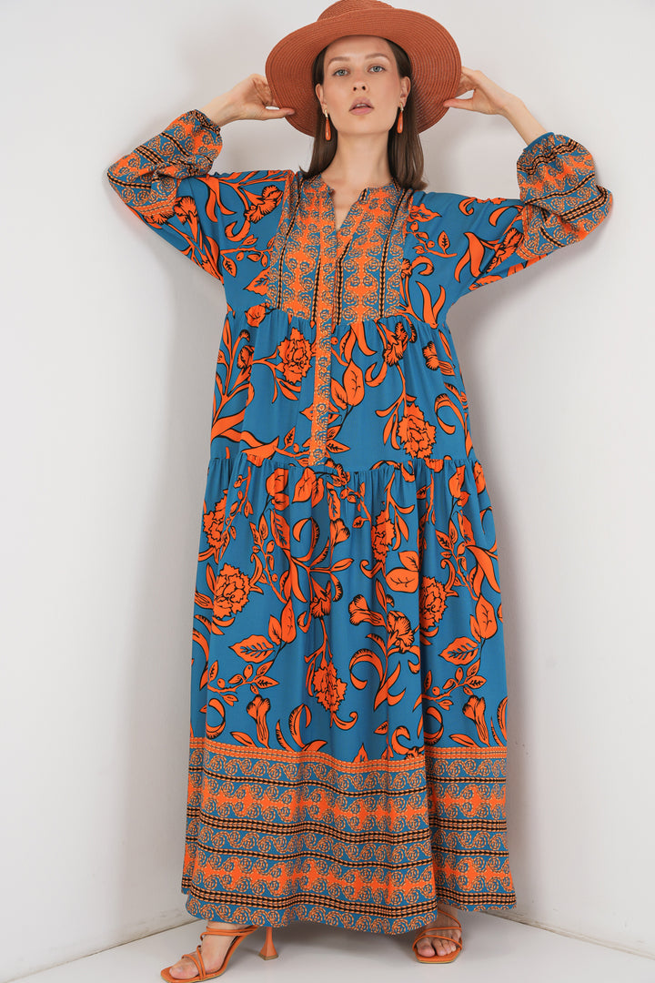 BGD Women Woman Patterned Long Hijab Dress 2585 - C. Orange - San Germán