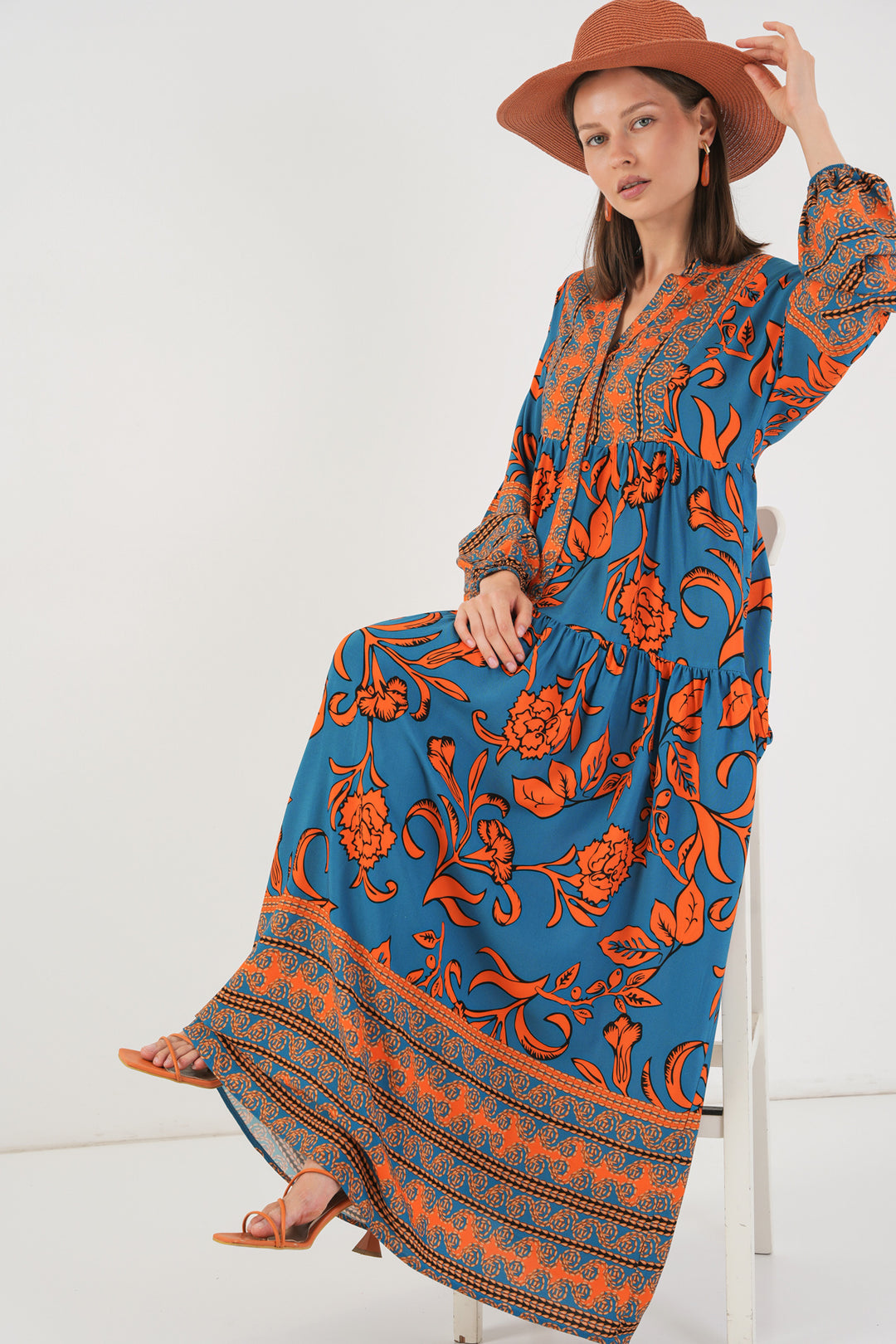 BGD Women Woman Patterned Long Hijab Dress 2585 - C. Orange - San Germán