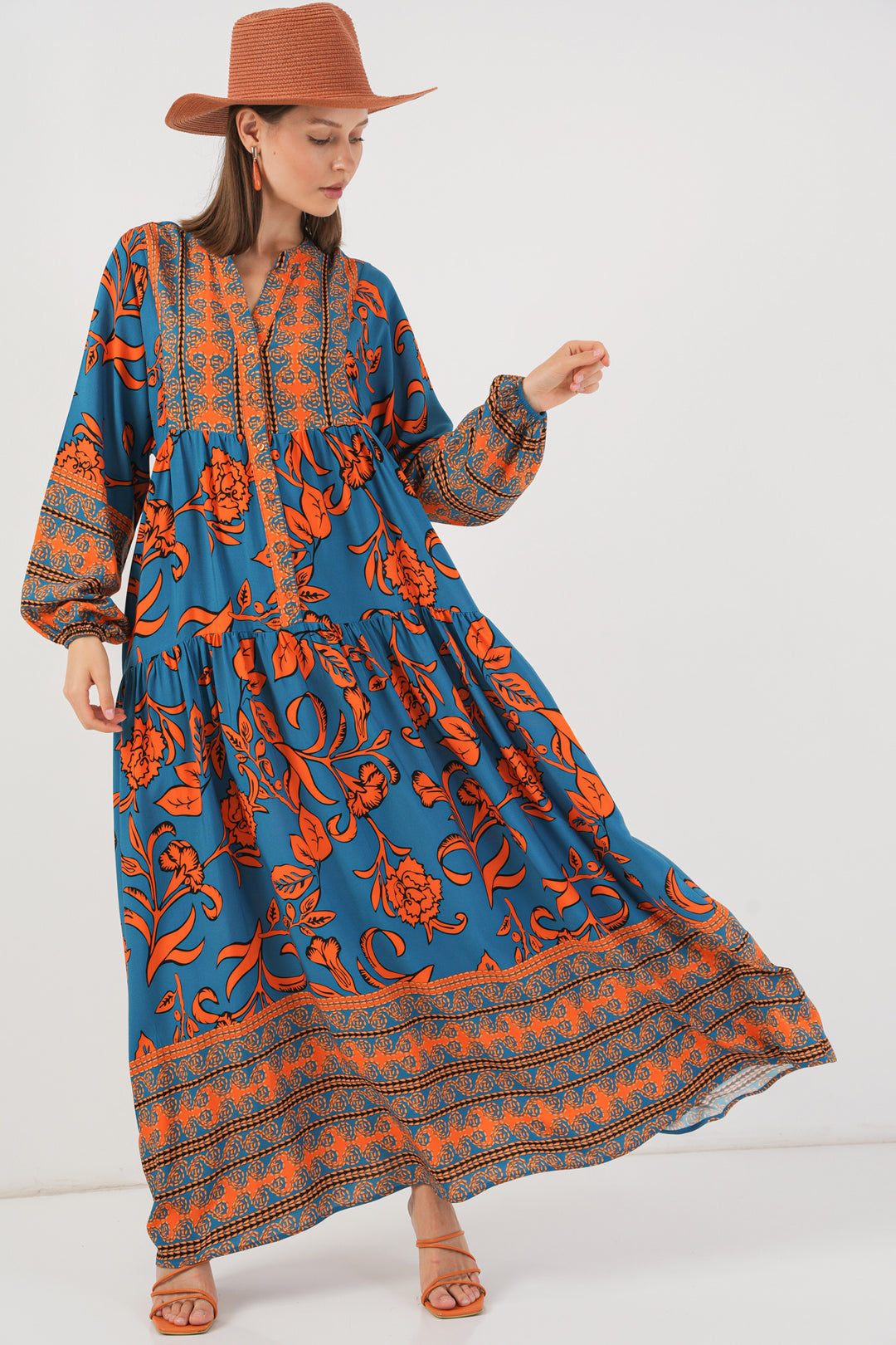 BGD Women Woman Patterned Long Hijab Dress 2585 - C. Orange - San Germán