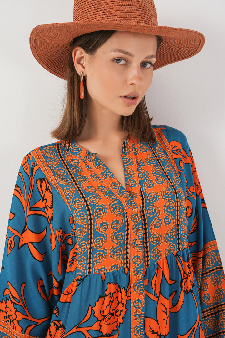 BGD Women Woman Patterned Long Hijab Dress 2585 - C. Orange - San Germán
