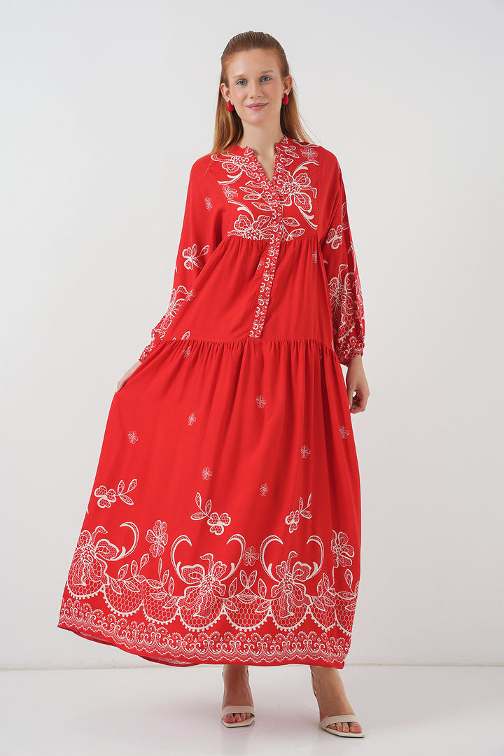 BGD Women Woman Patterned Long Hijab Dress 2585 - Dark Red - Tucker