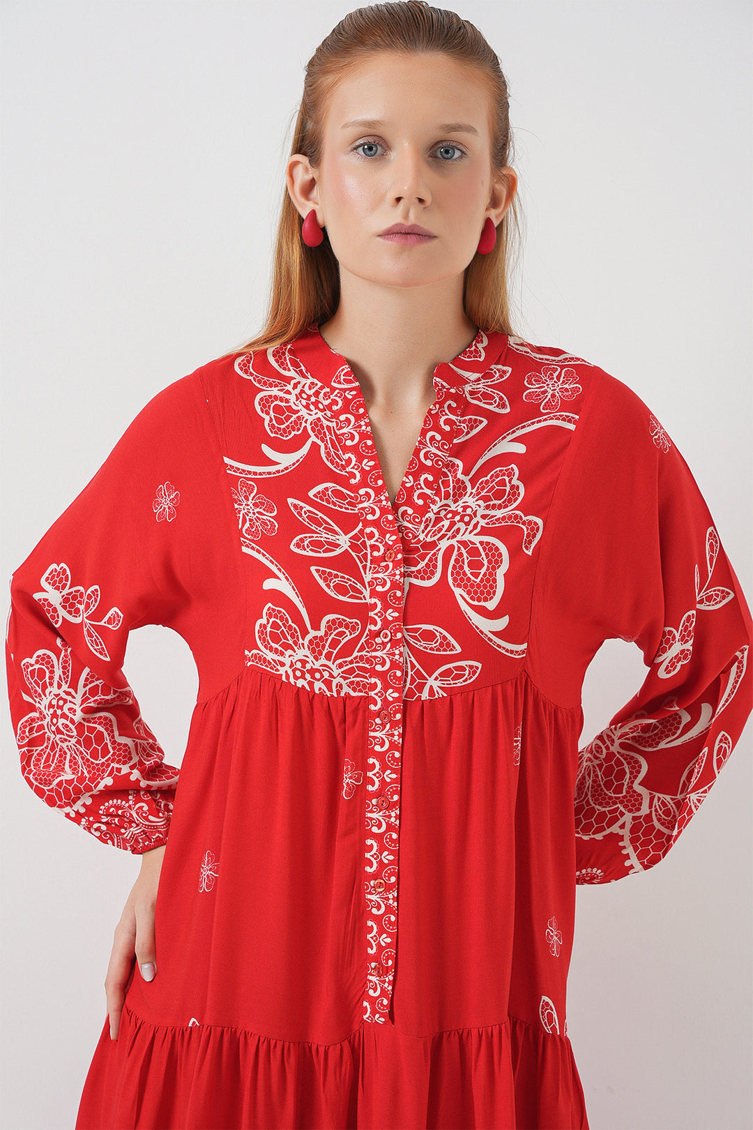 BGD Women Woman Patterned Long Hijab Dress 2585 - Dark Red - Tucker