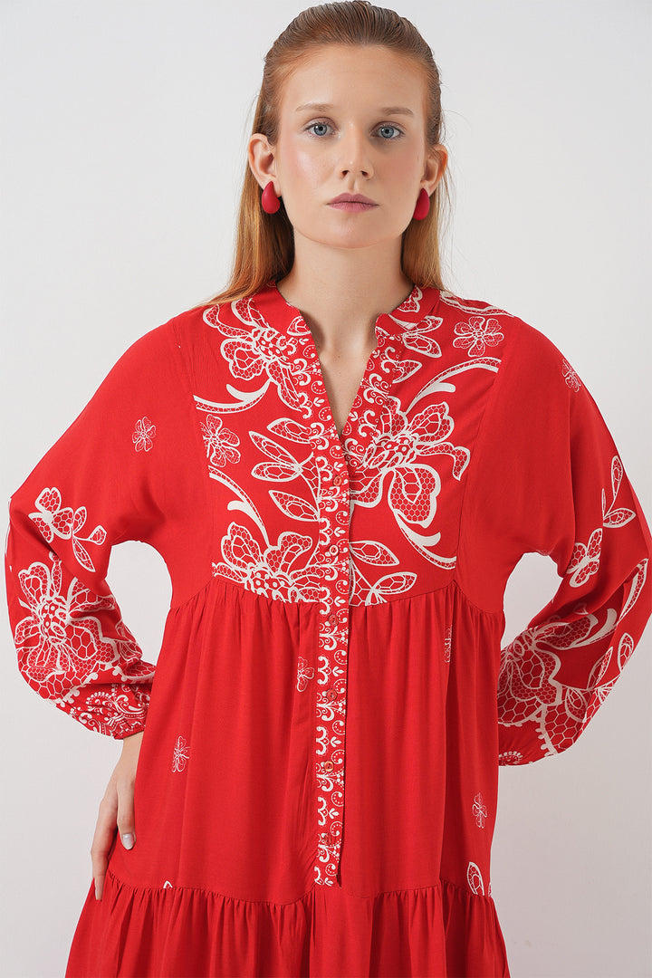 BGD Women Woman Patterned Long Hijab Dress 2585 - Dark Red - Tucker