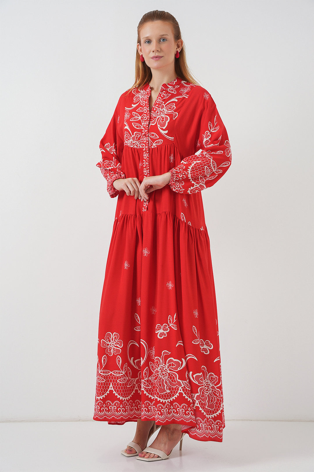 BGD Women Woman Patterned Long Hijab Dress 2585 - Dark Red - Tucker