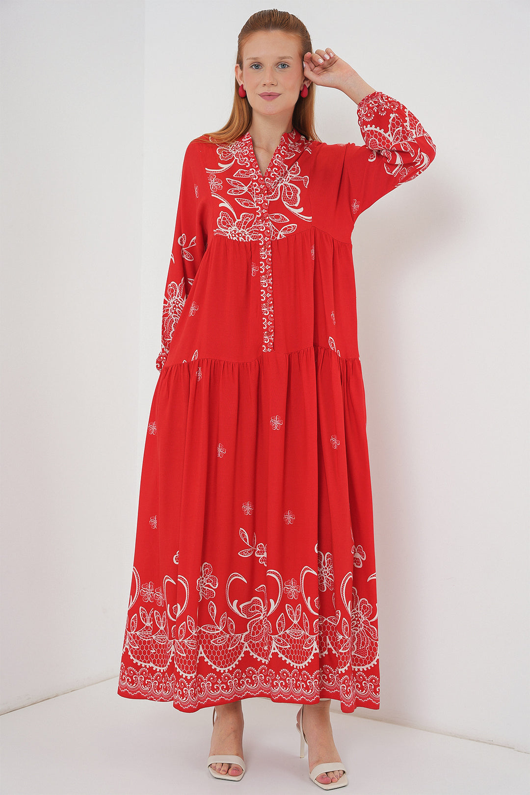 BGD Women Woman Patterned Long Hijab Dress 2585 - Dark Red - Tucker