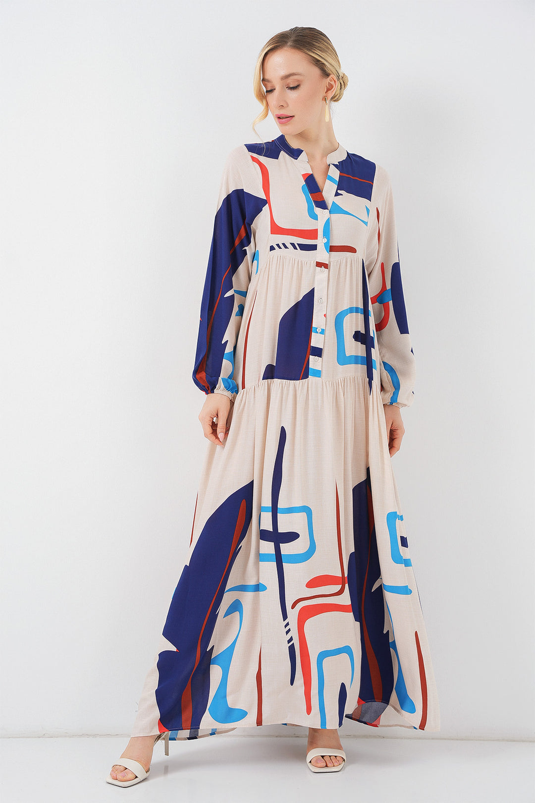 BGD Women Woman Patterned Long Hijab Dress 2585 - Cream - San Severo