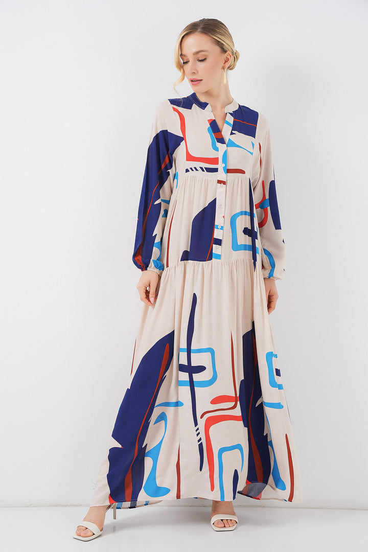 BGD Women Woman Patterned Long Hijab Dress 2585 - Cream - San Severo